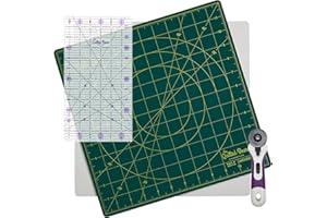 The Quilted Bear Tapis de coupe rotatif autocicatrisant 12" x 12" avec règle antidérapante de quilting et de couture 6.5" x 12" et cutter rotatif ergonomique de 45 mm - Vert