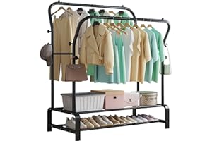 SMILOVII Heavy Duty Clothes Rail Free-standing Metal Coat Stand Rack with Garment Hanging Rails, Shoe Rack and 8 Side Hooks Sturdy Storage Shelf - Perfect Clothing Rail for Bedroom