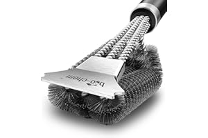 ‎BIO-CHEM CLEANTEC Bio-Chem Grillbürste - Robust & Ergonomisch - Extra Langer Griff mit Wärmedämmung - 3-Fach Drahtbürste mit Edelstahl-Borsten und Schaber - für Grillrost, Gasgrill, Holzkohlegrill, Elektrogrill