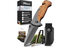 BERGKVIST® K39 Couteau pliant en édition bois de forêt - couteau de poche 3-en-1 avec brise-vitre & coupe-ceinture pour l'extérieur, la chasse ou la randonnée - avec pierre à feu & étui