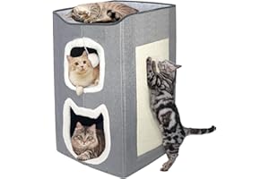 HIOVEL 2 Layer Cat House Beds for Indoor Cats with Scratch Pad and Fluffy Ball, Large Semi-Enclosed Cat Bed Igloo for Multi-Pet Kitten and Little Dogs, Grey