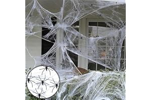 HULIER 60g Spider Web Decoration 60 Pcs Fake Spiders Halloween Cobwebs Giant Fake Spider Web 300sqft Stretchable Cobwebs with White Large Halloween Spider Web Decorations for Indoors/Outdoors