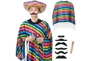 Hicarer 3 Pièces Costumes de Carnaval Mexicain avec Poncho Fiesta Serape Coloré Moustaches Festives Faux Cigare pour Hommes et Femmes Adultes Fête de Déguisement Mexicain de Cosplay