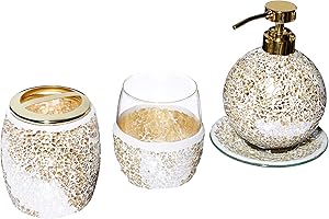 Madison Park Set di Accessori da Bagno a Mosaico, Set di 4 Accessori da Bagno con Dispenser di Sapone Dorato, portaspazzolino, Bicchiere e Vassoio per Anelli