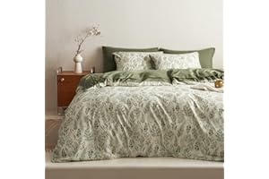 ‎LANQINGLV Lanqinglv Bettwäsche 200x220cm Grün Blätter Blumen Muster Pflanzen Wende Bettwäsche Set Bunt Microfaser Renforce Bettbezug mit Reißverschluss und 2 Kissenbezug 80x80 cm