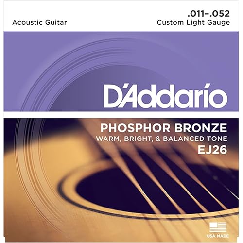 D\'Addario EJ26 Acoustic 11-52 Custom Light Guitar Strings made of Phosphor Bronze for Warm, Bright & Balanced Tone