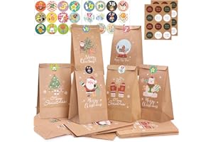Hianjoo Sacchetti di Carta Natalizi, Calendario dell'Avvento Confezione da 24 Sacchetti Natalizi in Carta Kraft con 24 Adesivi per Decorazioni per Feste di Natale, 6 stili 22*12*8 CM (Carta Kraft)