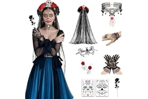Lalieffacely Dia de los Muertos Haarreif, Halloween Haarreif mit Gesichtstattoo und Schmuck für Halloween Kostüm Damen Haarschmuck Make Up Accessoires