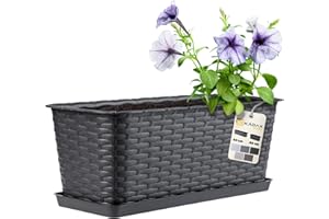 KADAX Jardinière Rectangulaire 40 cm, Balconnière en Plastique Aspect Rotin avec Soucoupe pour Embellir Votre Espace Extérieur (Anthracite)