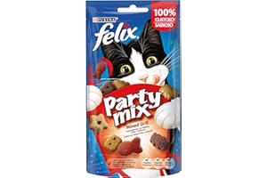Felix Purina Party Mix Grill, Snack, premio para Gato con Buey, Pollo y Salmón, 8 bolsas de 60g
