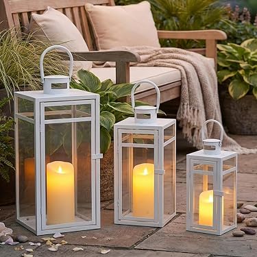 Staymoment Lanterna decorativa in oro per esterni: set da 2 portacandele per balcone, giardino, altezza 24/35 cm