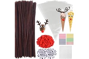 YUNSTK 650 Stück Pfeifenputzer Braun Set, Pfeifenreiniger zum Basteln, Wackelaugen Selbstklebend, Rote Pompons, Süßigkeiten Tüten mit Twist Ties für Bonbons Kekse Rentier Bastelset Weihnachtsgeschenke