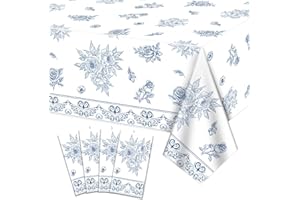 XJLANTTE 4Pcs Blue and White Floral Tablecloths, Rectangular Flower Table Cover, Blue White Porcelain Table Cloths for Floral Theme Bridal Baby Shower Wedding Birthday Spring Tea Party Supplies, 130x220cm