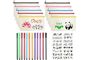 OCCOUMR 10 Stück Leinwand Federmäppchen zum Bemalen, DIY Blanko Stoffbeutel Stoffbeutel Reißverschluss, mit 12 Farbigen Stiften und 16 Zeichenvorlagen, für Basteln Kindergeburtstag Kosmetiktasche (Mittel)