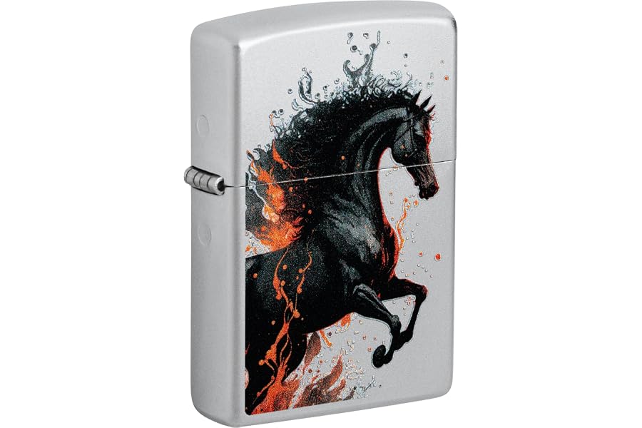 Zippo Windproof Lighter, Fire Horse, Satin Chrome, Colour Image, Refillable, Reusable, Windproof Design, Gift Box, Made in USA