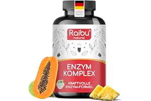 ‎RAIBU Verdauungsenzyme - Enzym Komplex mit hoher Aktivität - Magensaftresistente Kapseln mit Bromelain, Papain,Amylase, Lipase, Protease & Laktase - Vegan, ohne Zusätze & laborgeprüft - 90 Kapseln