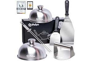 PUKPU Kit Smash Burger Professionnel – Set 6 pièces avec Presse, spatules, Cloches et Accessoires pour plancha, Barbecue ou Cuisine Maison de Burger Smash (Noir, 6)