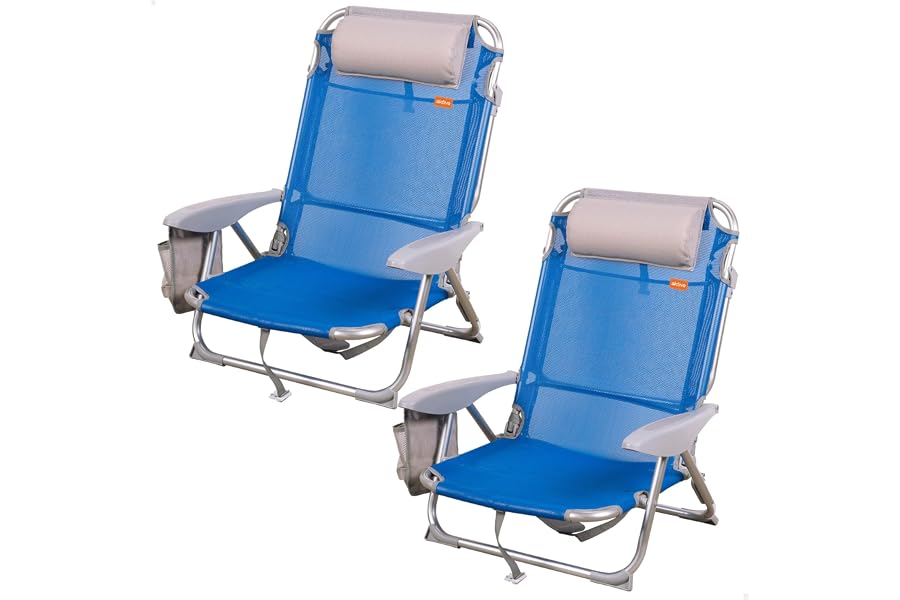 AKTIVE Pack 2 sillas Playa Plegables, 4 Posiciones, Azul, 51x45x76 cm, Incluyen cojín Acolchado, Bolsillo Lateral, Asas, Máxi