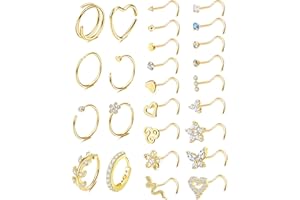 Adramata 26Pcs 20G Piercing Nez Acier Chirurgical CZ Anneau de Nez Piercing Nez Brillant Coeur Serpent Clous de Nez Piercing Septum Or Argent Piercing au Nez Bijoux pour Femme Homme