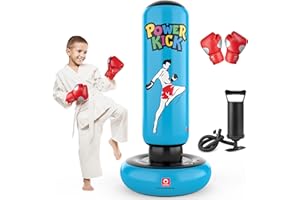 QPAU Sacco da boxe gonfiabile per bambini, 167,6 cm, regalo per ragazzi e ragazze dai 5 ai 12 anni, per praticare karate, taekwondo, MMA e per alleviare l'energia repressa in bambini e adulti (blu)