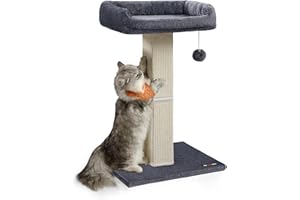 Feandrea Cat Scratching Post, Cat Scratcher with 40 x 30 cm Plush Perch, Cat Tree, 71 cm Tall Scratch Post with Woven Sisal, 45 x 40 cm Base, Pompom, Dark Grey