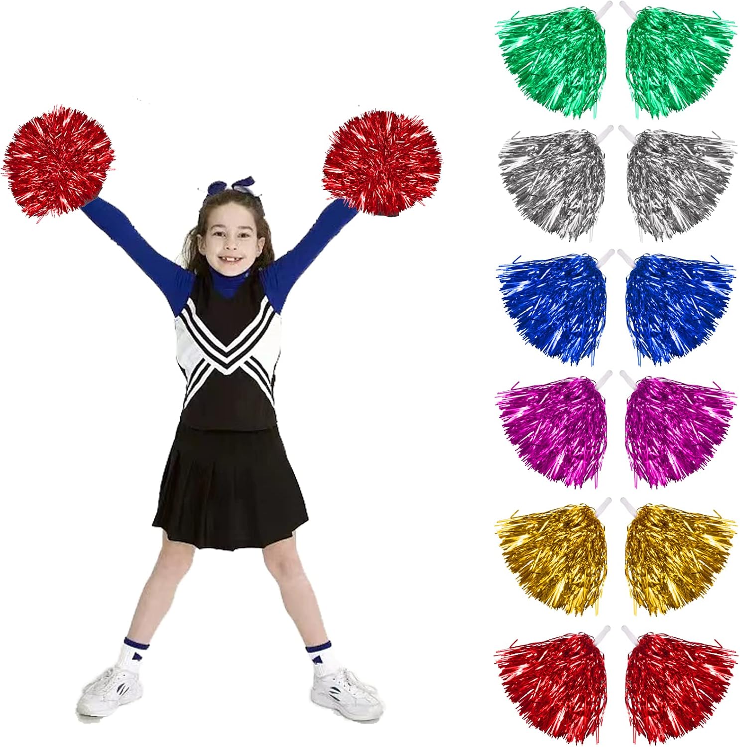 Funmo 12 PCS Pompones de Animadora, Pompones de Porrista de 6 Colores Pompones para Bailar con Mango de Plastico Pompones Cheerleader Pompones para Animar para Competición Deportiva Fiesta de Baile