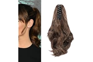 Cybelleza 12 inch Ponytail Hair Extension Curly Wavy Claw Jaw on Long Short Cute Pony Tails Clip in Hair Extensions Hairpieces Synthetic for Women (Dark Brown&Light Auburn)