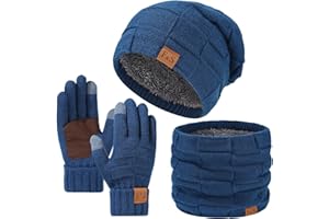 Yoolhamy Set da uomo con cappello, sciarpa e guanti, invernali, termici, in lana, foderati in pile, berretto e sciarpa da collo e guanti touch screen, guanti 3 in 1, accessori per scaldino natalizio