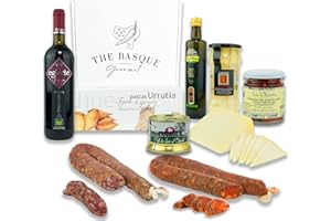 THE BASQUE Gourmet Coffret Cadeau - Panier Cadeau Fêtes & Noël - Vin, Fromage, Asperges, Huile d'Olive, Poivrons Piquillo, Pâté, Biscuits Amandes, Chorizo, Saucisson - Boîte Cadeau Luxe - Lot 4