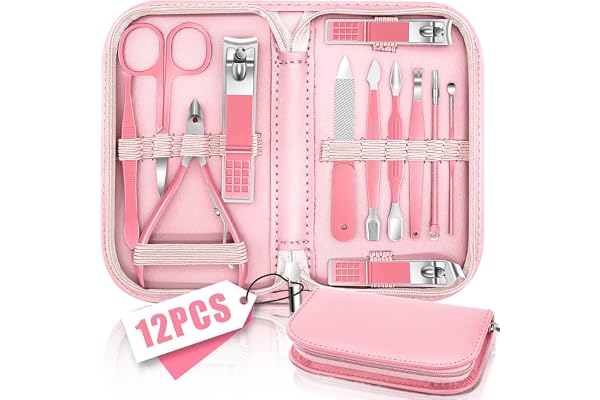 Set de Manucure 12 en 1, Kit De Pédicure Professionnel, Trousse Manucure Femme et Hommes, kits D'outils de Manucure et Pédicure, Outil de soin des Ongles avec cuir de Voyage Rose