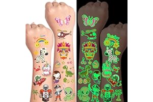 AIRNOGO Tatuaggi per Bambini 36 Fogli 350+ Luminosi Tatuaggi Temporanei per Bambina e Bambino Contare Alieno Animali Dinosauri Unicorno Palle Sirena Automobili Spazio Pirata Arcobaleno e Altri