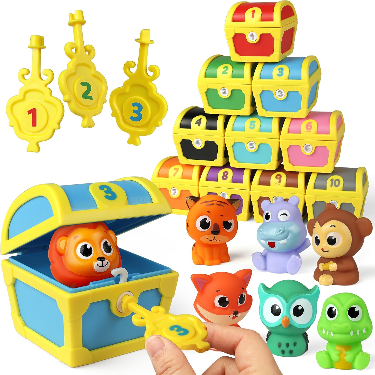 Coogam Juguetes de habilidad motora fina para niños pequeños, 10 piezas de marionetas de dedo sorpresa con cerrojos de números, juego de caza pirata de clasificación de colores a juego, regalo