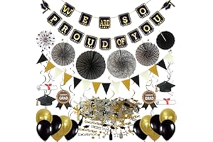 ZERODECO Graduation Decorations, Black and Gold We Are So Proud Of You Banner Paper Pompom Fan Hanging Swirls Graduation Confetti Paper Garland Party Balloons for Grad Party Decoration Supplies