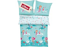 s.Oliver Biancheria da letto per bambini a forma di sirena, 135 x 200 cm, 100% cotone, pratica chiusura lampo e lavabile in lavatrice, set da 2 pezzi, multicolore