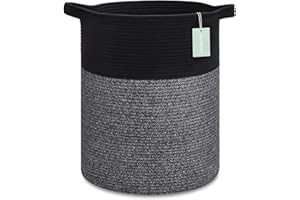 BOSROTY Large Laundry Hamper for Girls Boys Kids 72L, Nursery Hamper, Tall Laundry Basket, Cotton Rope Woven Blanket Basket for Storage Toys Clothes Towels, 40 x 55 CM, Black & Gray