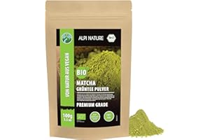 ‎ALPI NATURE Alpi Nature Bio Matcha Pulver (100 g) Matcha Green Tea Premium Grade Matcha liście suszone i uziemione od kontrolowanej uprawy organicznej 100% naturalne i wegańskie bez dodatków