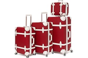 urecity Vintage Luggage Sets for Women Men, PU Leather Retro Suitcase Set, Vintage Carry On Luggage, Cute Vintage Trunk Luggage Sets 4PCS (Cherry Red, 4 Pcs Set)
