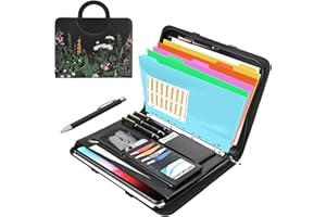 BONFORTURE Porte Document A4 Femme, Portefeuille Portfolio en Cuir PU, Classeur avec 5 Intercalaires | Bloc-notes | Stylo, Chemise de Dossier Organiseur de Conférence pour Bureau Réunion Affaires Noir