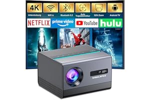VISULAPEX Projektor 4K 1080P Full HD z Android TV 12.0, Auto Focus, Smart Projektor WiFi 6 BT 5.2, Projektor kina domowego 26000L 1080P Full HD do TV Stick/PS5 HDMI USB