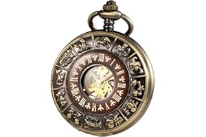TREEWETO Orologio da tasca unisex in legno con catena, analogico, a carica manuale, numeri romani, scheletro steampunk, per uomo e donna, con catena e scatola regalo, bronzo, Classico