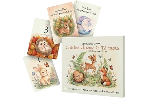 Cartes étapes bébé 0-12 mois – Animaux de la forêt – 15 cartes grand format 13x18 cm recto/verso – 30 souvenirs à immortaliser – Fabriqué en France – Idée cadeau naissance et baby shower
