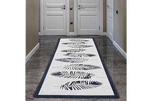 ‎MIQNA miqna Wohnzimmer Teppich Kurzflor Moderne geometrische rutschfeste Boden Flur Teppich Gel Läufer schwarz weiß (Hoja, 80 x 300 cm)