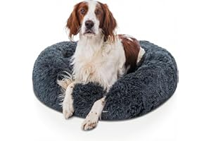 Woof & Whiskers Calming Donut Dog Bed Large 80cm – Dark Grey | Anti-Anxiety Round Plush Pet Bed for Dogs & Cats, Non-Slip Base, Machine Washable, Soft & Comfortable (Dark Grey, 80cm)