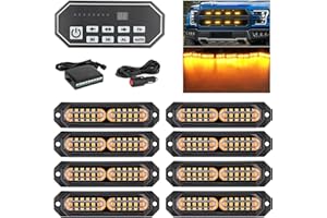 OPP ULITE Led Grille Strobe Lights Amber 9 Key Switch, 20-Flashing Mode, Surface Mount 12-LED Mini Warning Grill Light Bar for Construction Tow Trucks Van Utility Vehicle, 8pcs Pack