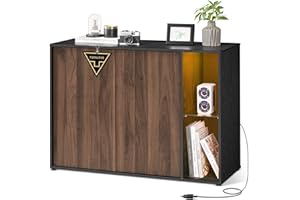 ‎SONGMICS HOME SONGMICS HOME Sideboard, Toolless-Technologie, superschnelle werkzeuglose Montage, Aufbewahrungsschrank mit Beleuchtung, TV-Schrank, Glasablage, naturwalnussfarben-ebenholzschwarz BBK372B01