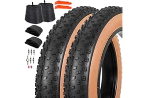 RUHUO Sets of 20x4.0 Fat Tire and Tube, Puncture Resistant Folding Bike Tire Set 102-406 E-Bike Mountain Bike MTB Bicycle All-Terrain Directional Tread Sidewalls of Skin Color 33TPI
