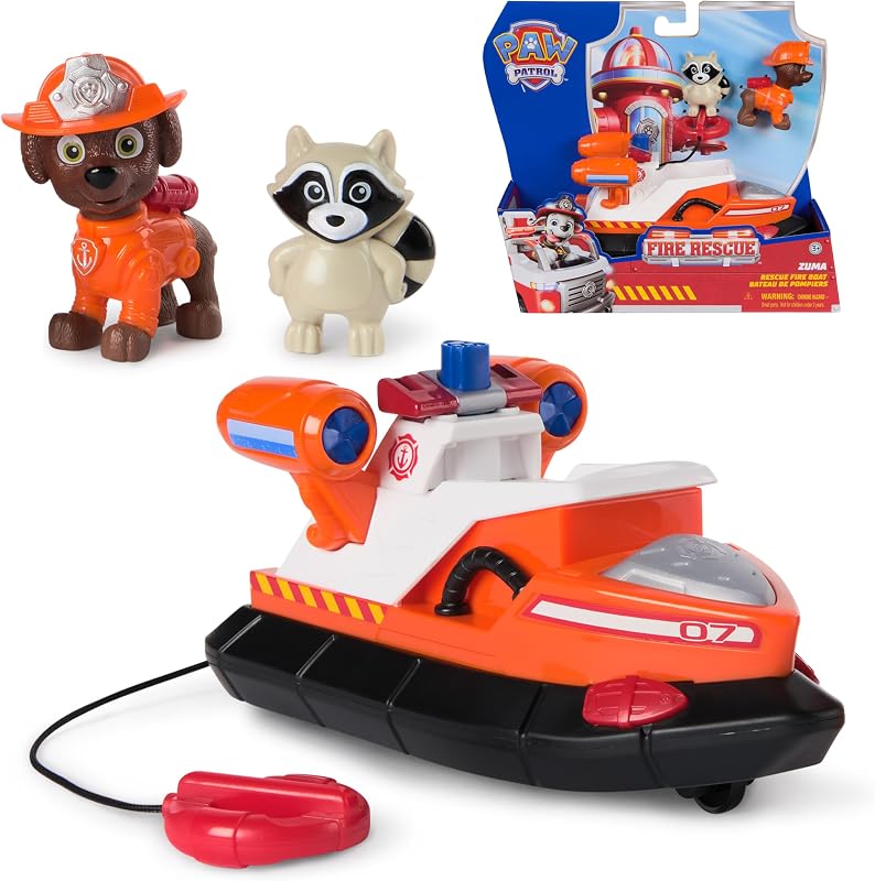 PAW PATROL Fire Rescue - Zuma's Rescue Boat with Zuma Dog Figure and Raccoon Figure, Toy for Children from 3 Years