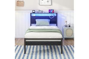 HOJINLINERO Single Bed Frame with Storage Shelf Headboard & LED Lights,Metal Platform Bed Frame with Charging Station,Mattress Base/Strong Slats Support/UnderBed Storage/Easy Assembly for Adults,Black