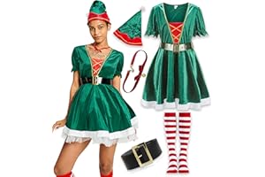 IKALI Women Christmas Costume Santa Elf Dress Roleplay Party Gift Adult Fancy Dress Up Outfit with Hat Belt Sock Necklace S-XL