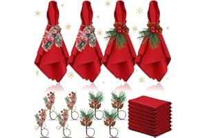 EBOOT 16 PCS Christmas Napkins and Ring Set 8 PCS Red Washable Napkins Cloth Fabric and 8 Christmas Rings Holder for Xmas Holiday Dinner Party Table Decoration(Pine Blossom)
